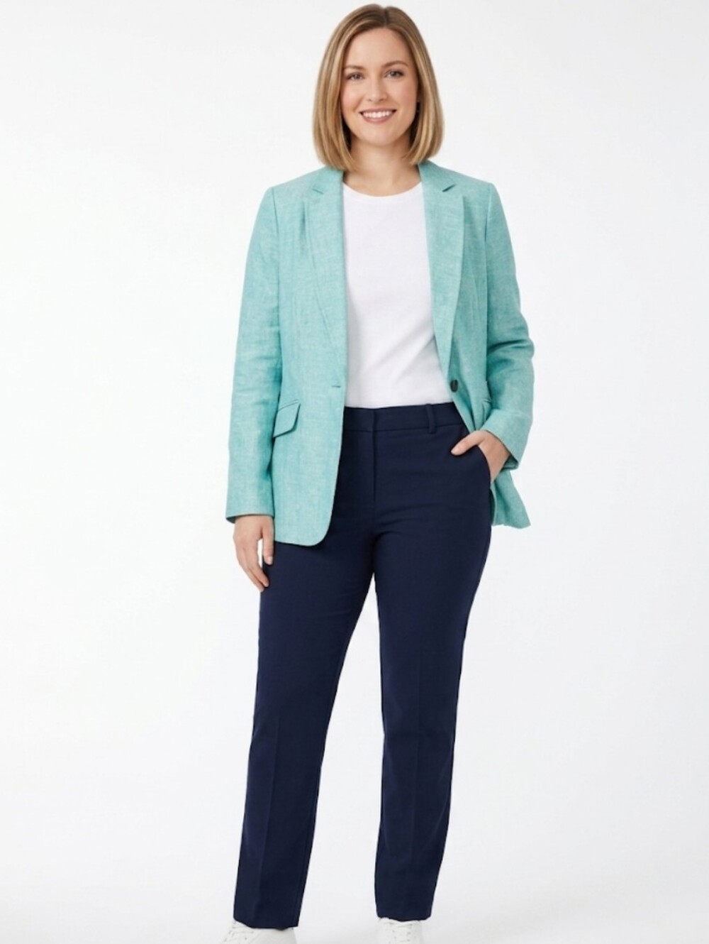 TALBOTS‎ NWT 100% Womens Linen Chevron Blazer Jacket Aqua Mint Blue White Sz 12